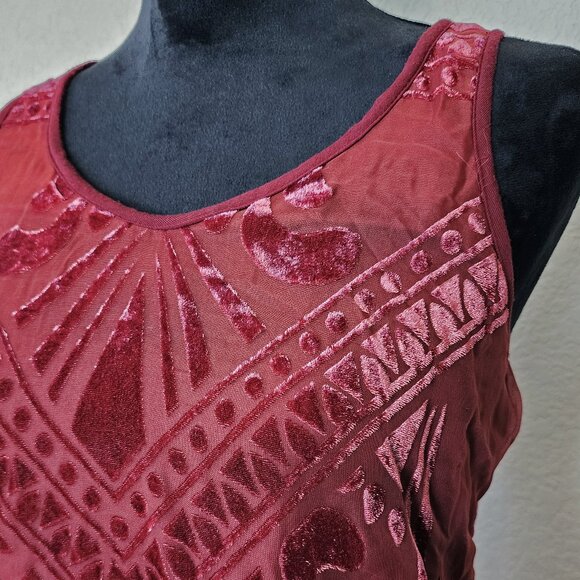 MOSSIMO Burgundy Burnout Velvet Tank Top V Neck Sleeveless Blouse Shirt - Picture 2 of 9